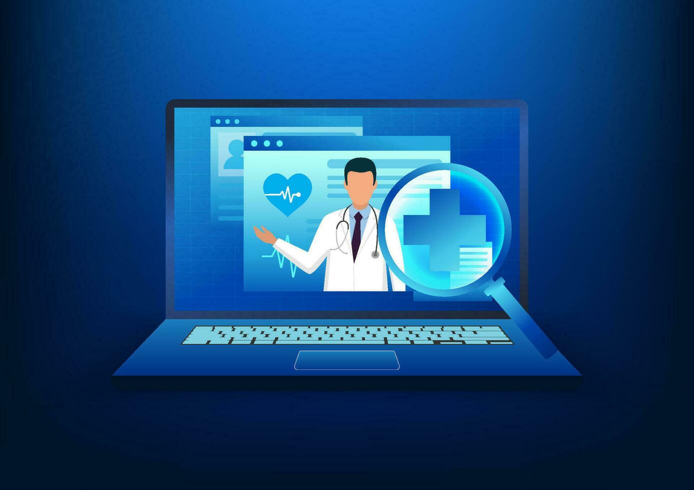 Gesundheitswesen Technologie das Computer Bildschirm zeigt an ein Arzt Bild mit ein Vergrößerung Glas im Vorderseite von Es. Telemedizin, durch ein Laptop, ist das primär Behandlung zum krank Patienten. vektor