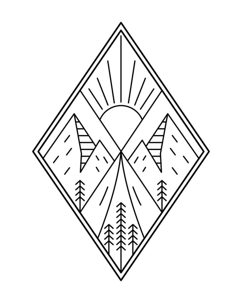 Camping unter das Sonnenaufgang von das Berg Mono Linie t Shirt, Logo, Abzeichen Vektor Illustration