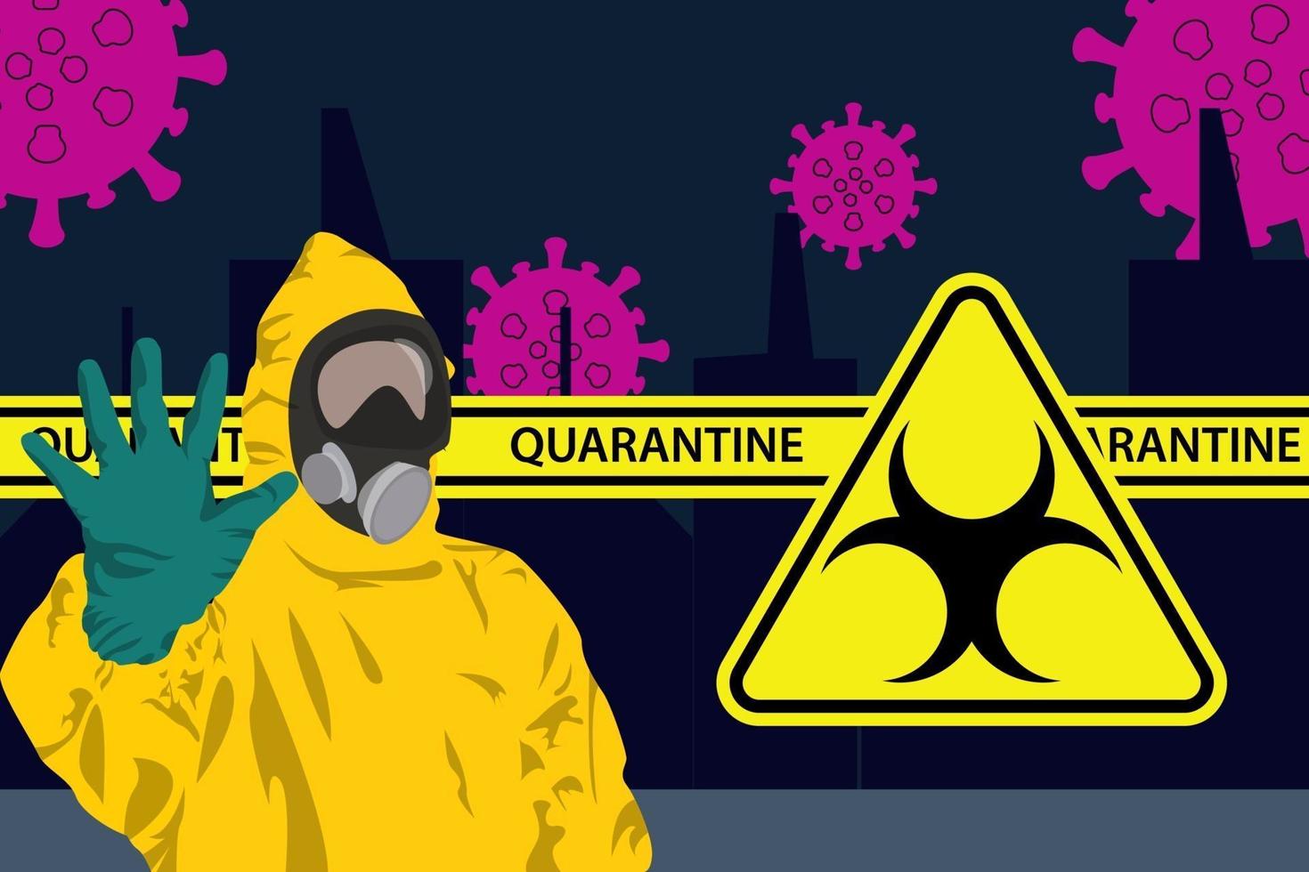 Illustration des Mannes in schützendem gelbem Hazmat-Anzug und Gasmasken. vektor