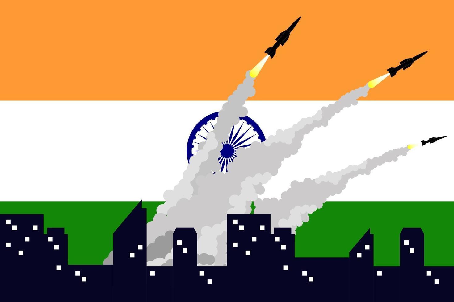 Illustration des Abfeuerns von Raketen auf dem Hintergrund der indischen Flagge. vektor
