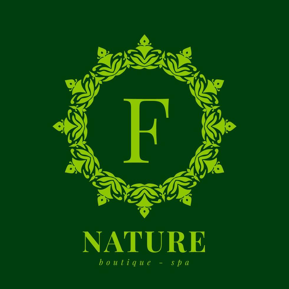 brev f natur gräns krans första logotyp för boutique spa och skönhet wellness vektor