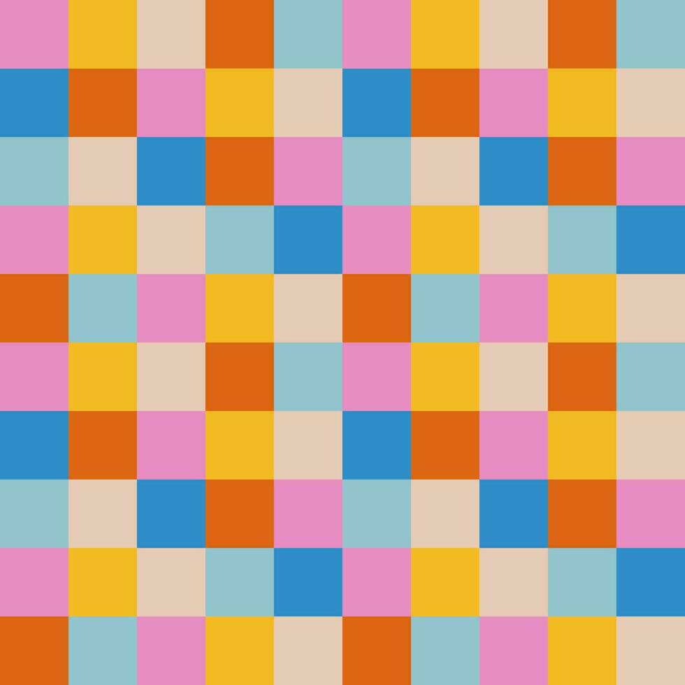 retro überprüft bunt Muster. abstrakt geometrisch mehrfarbig nahtlos. Mosaik Hintergrund im 60er Jahre Stil. geometrisch hell Platz Textur im Jahrgang Stil. vektor