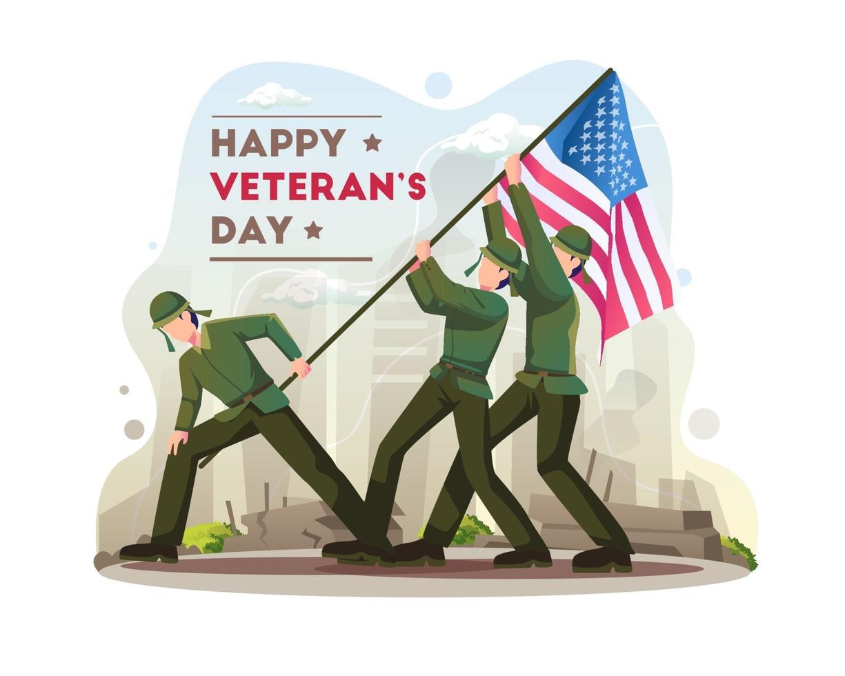 Soldaten heben die USA-Flagge am Veterans Day Vector Illustration
