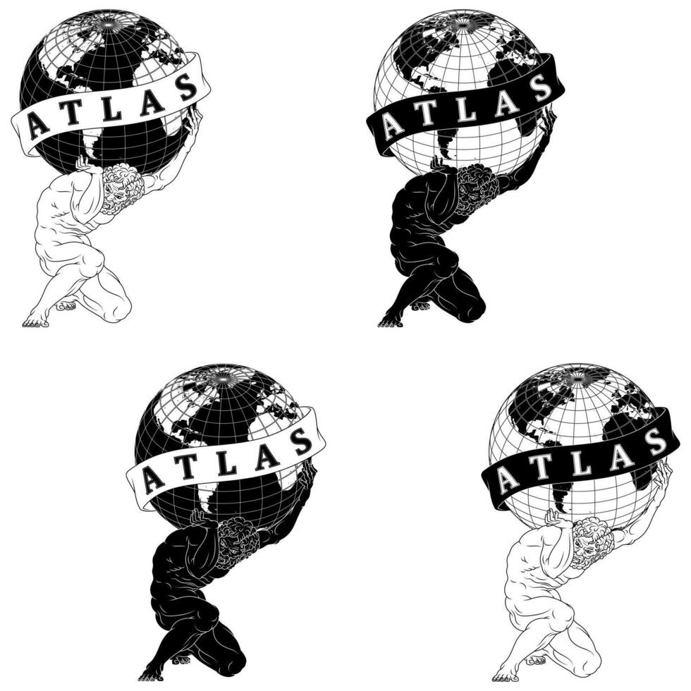 Vektor Design von Titan Atlas halten das Planet Erde, griechisch Mythologie Titan halten das Erde Kugel, umgeben mit Band