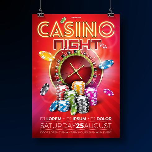 Flyer &quot;Casino Night&quot; mit Roulette-Rad und Neonlicht-Schriftzug vektor