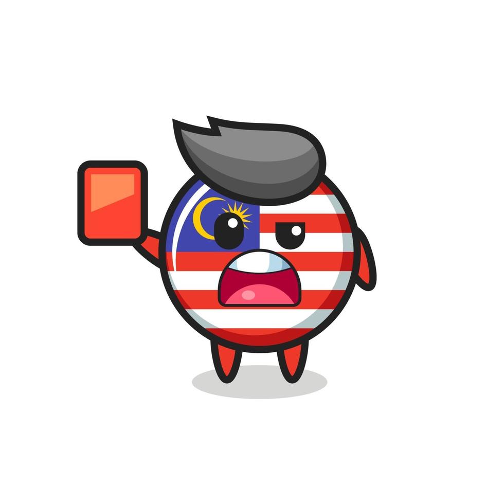 malaysia flagga märke söt maskot som domare ger ett rött kort vektor