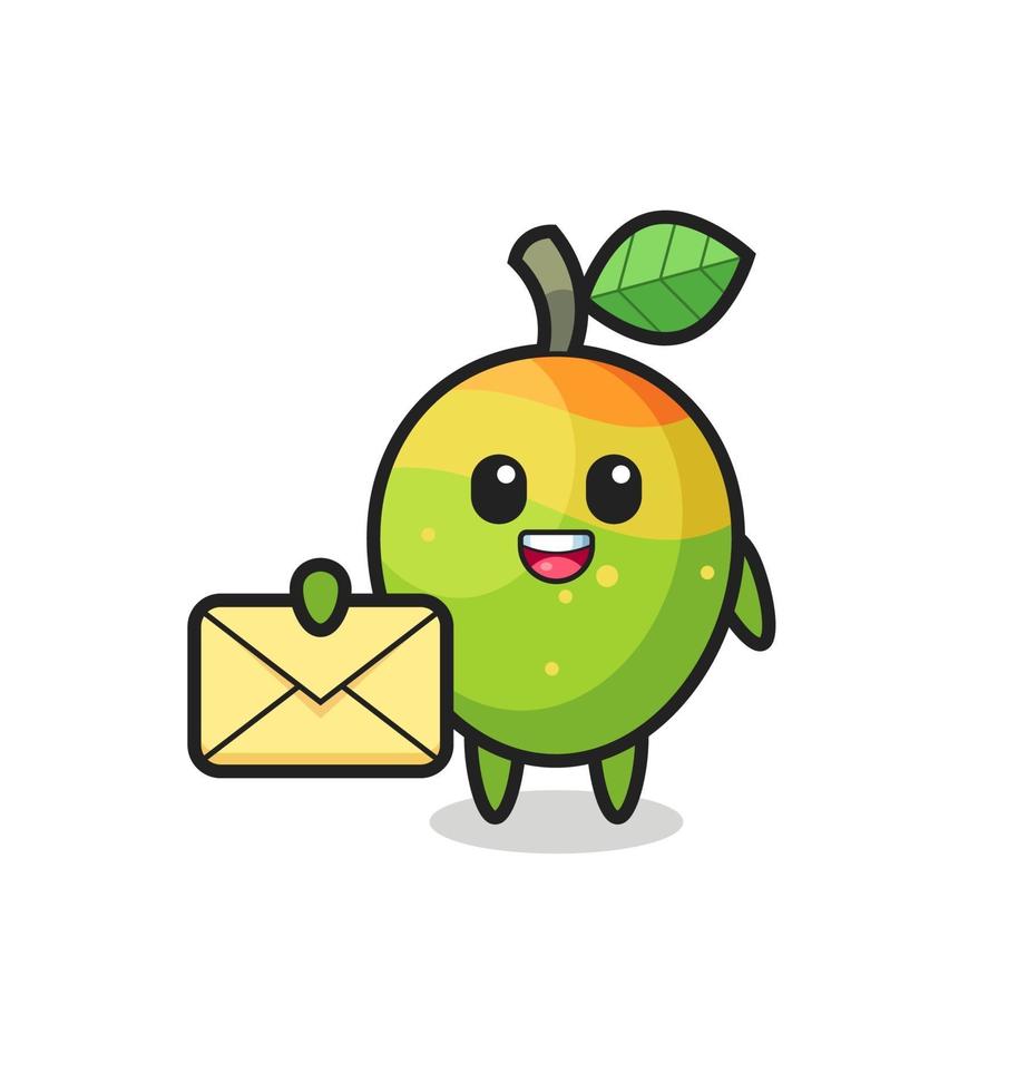 tecknad illustration av mango som håller ett gult brev vektor