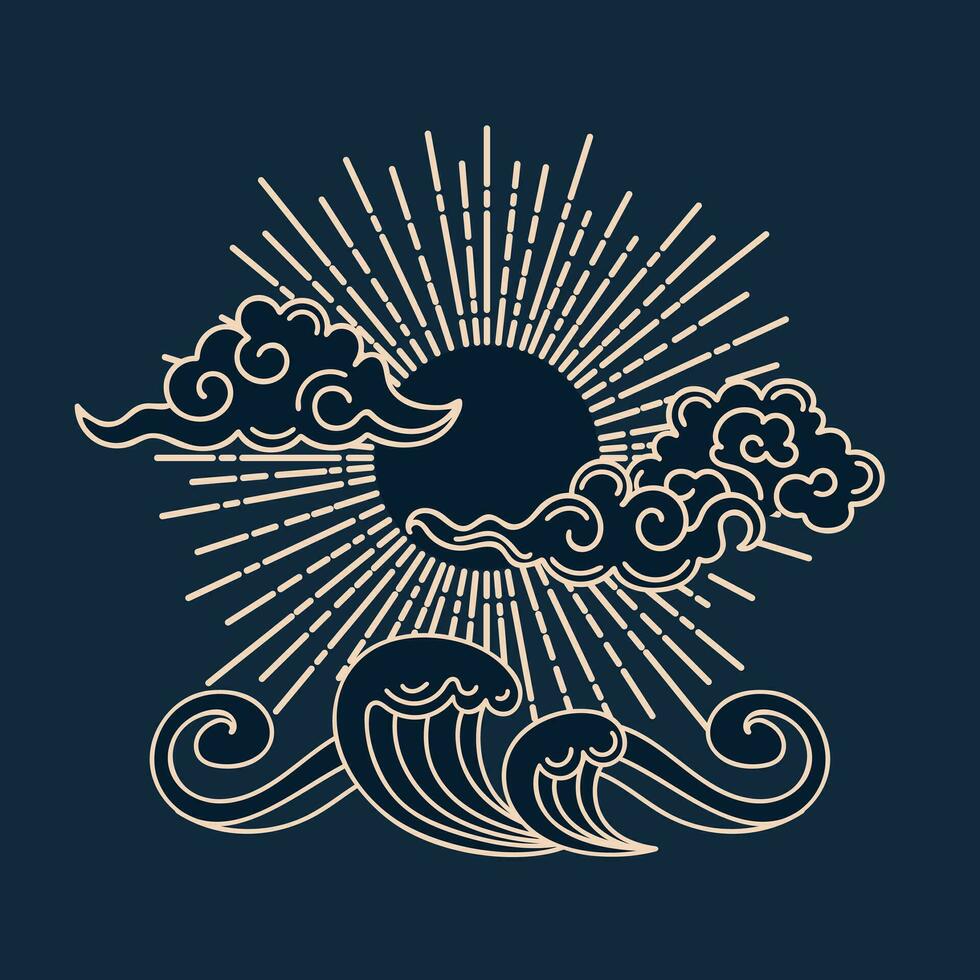 Sol, moln och hav vågor. vektor illustration i årgång asiatisk stil. grafisk guld mönster. för affischer, vykort, banderoller, design element, utskrift på tyg