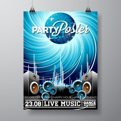 Party Flyer Illustration für ein musikalisches Thema mit Sprechern und Discokugel. vektor