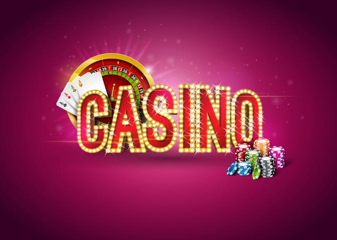 Casino illustration med roulette hjul, pokerkort, och spelar chips vektor