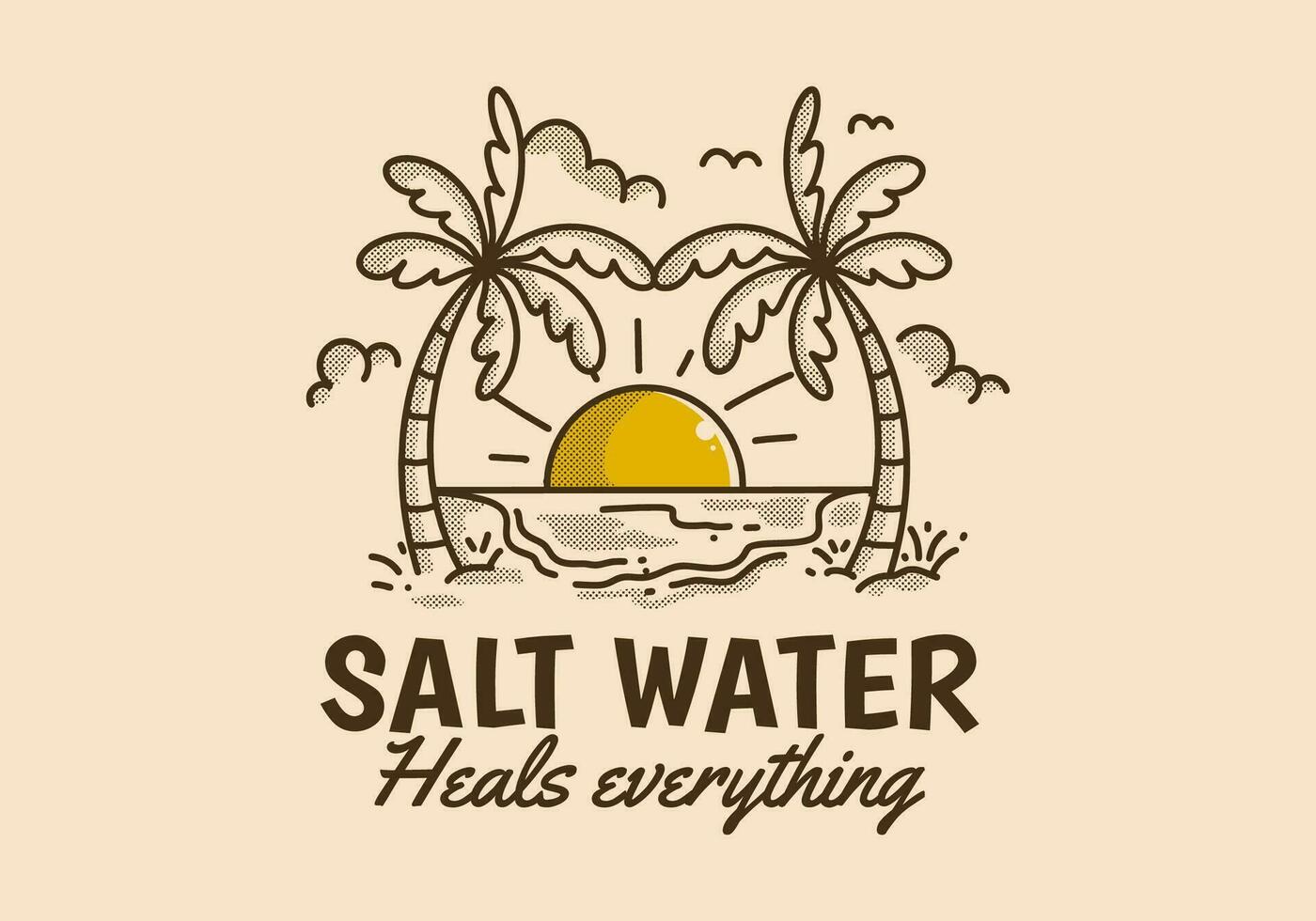 salt vatten läker allt. retro linje konst illustration av en strand med stor Sol vektor