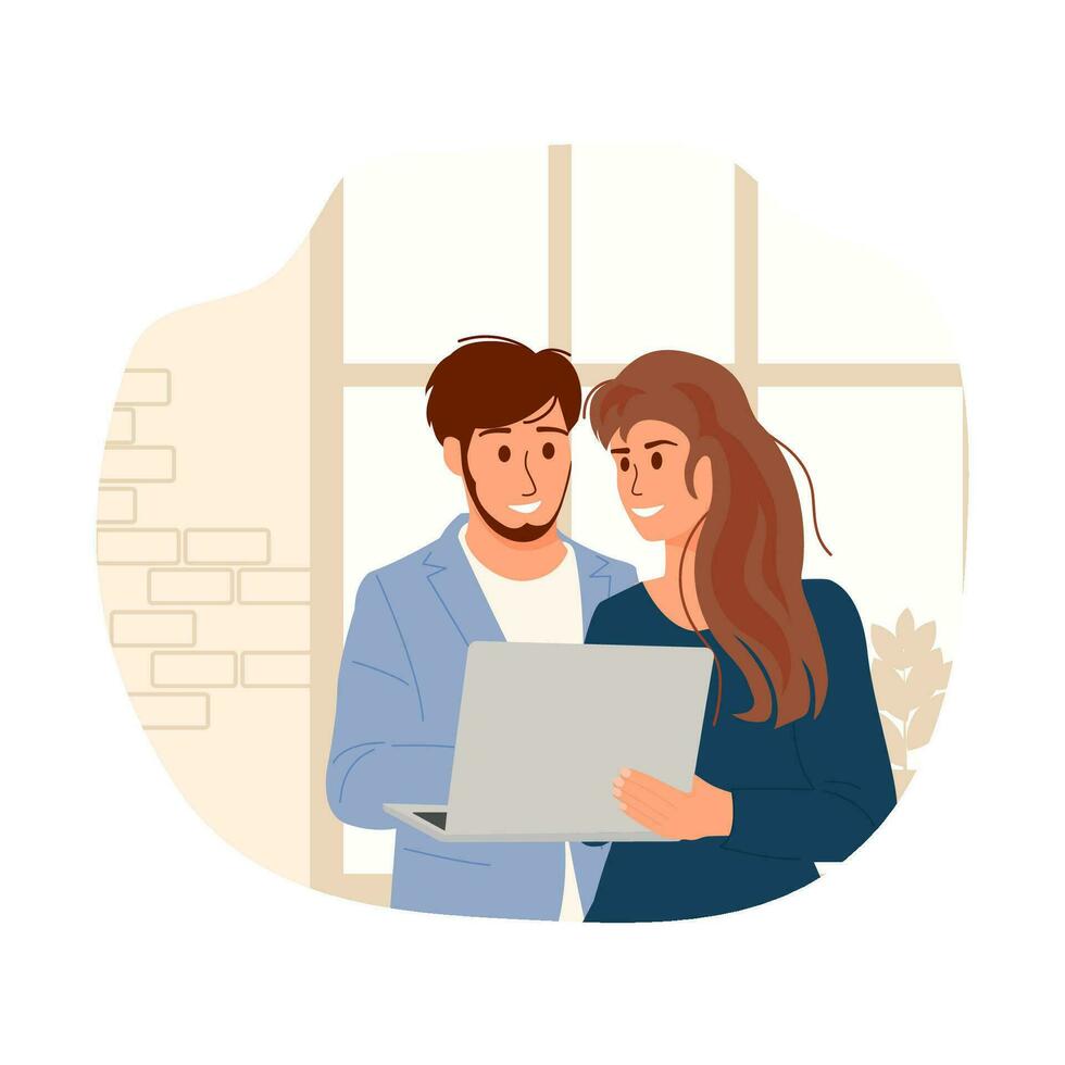 man och kvinna arbetssätt tillsammans - vektor platt illustration. leende man och kvinna ser på bärbar dator skärm. arbete i kontor, lagarbete. vektor illustration