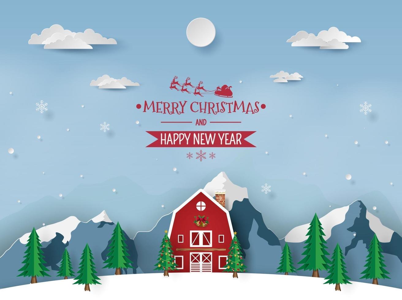 rött hus i snöberget, god jul och gott nytt år vektor