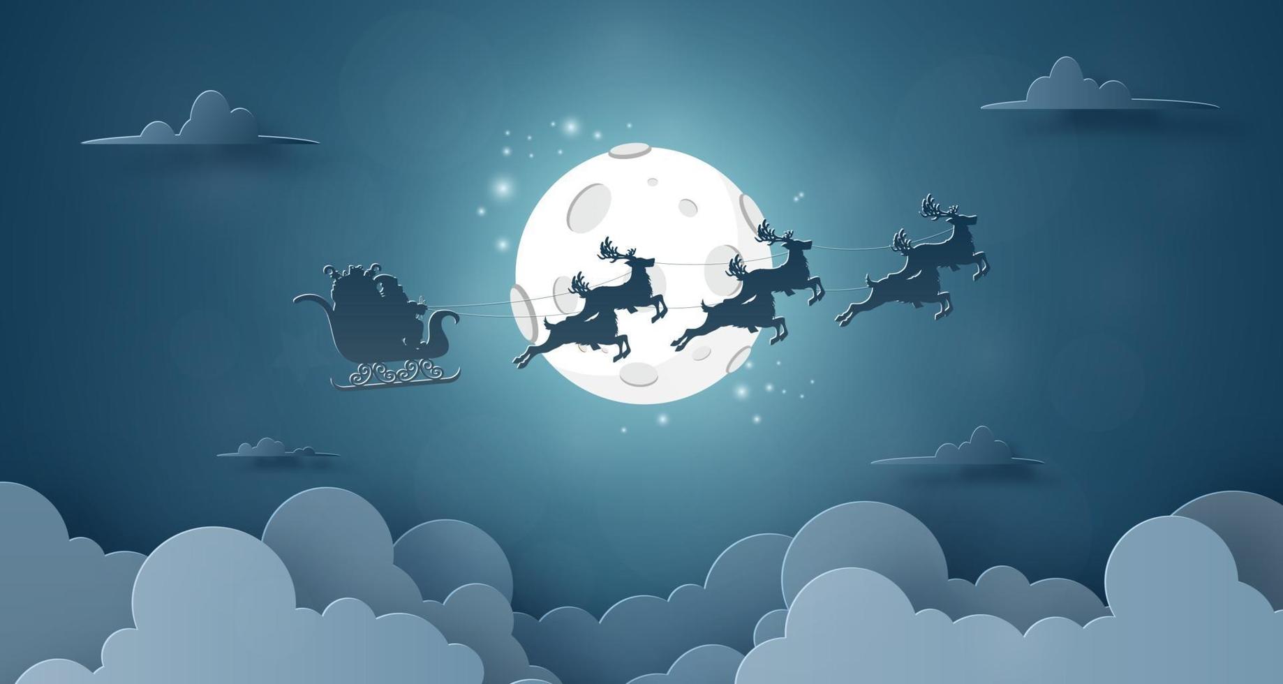 Weihnachtsmann und Rentiere fliegen bei Vollmond am Himmel vektor