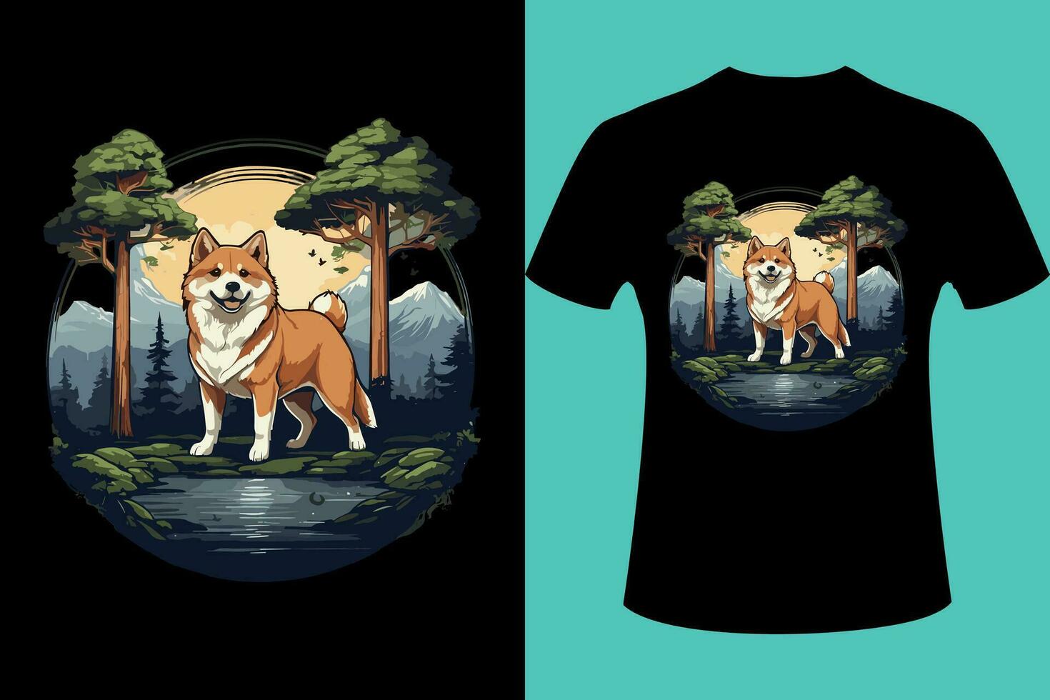 t-shirt design bestående av en shiba inu, en sequoia träd. vektor