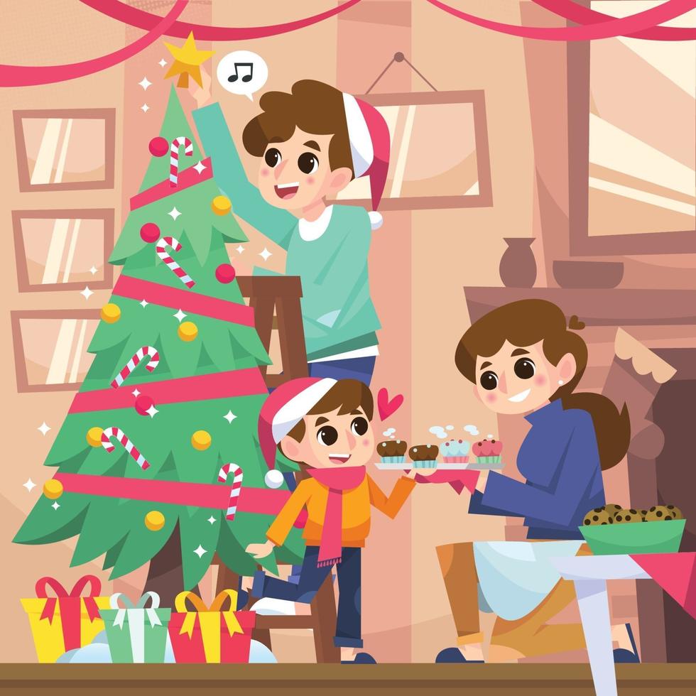 glückliche Familie, die den Weihnachtsbaum vorbereitet vektor
