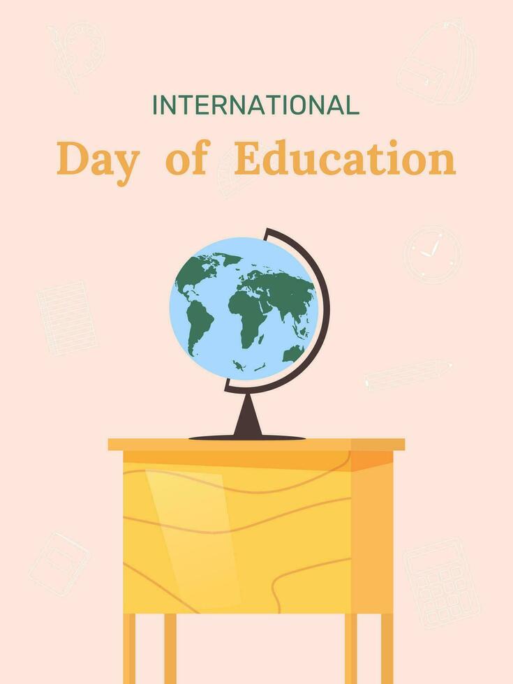 illustration för internationell utbildning dag, kort med skola objekt vektor