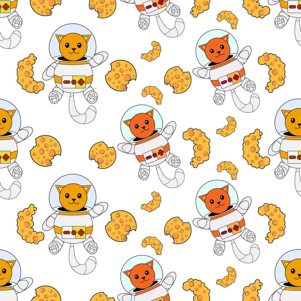 kosmisch nahtlos Muster, süß Gekritzel Katze Astronauten schwebend im Raum, Vektor Illustration