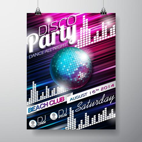 Vektor-Disco-Party-Flyer-Design mit Discokugel auf glänzendem Hintergrund. vektor