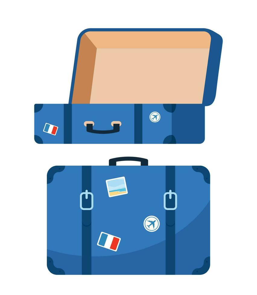 retro läder resväska med metall hörn, bälten och hantera. resväska, öppen och stängd. semester och resa begrepp. årgång väska. främre se. vektor illustration.