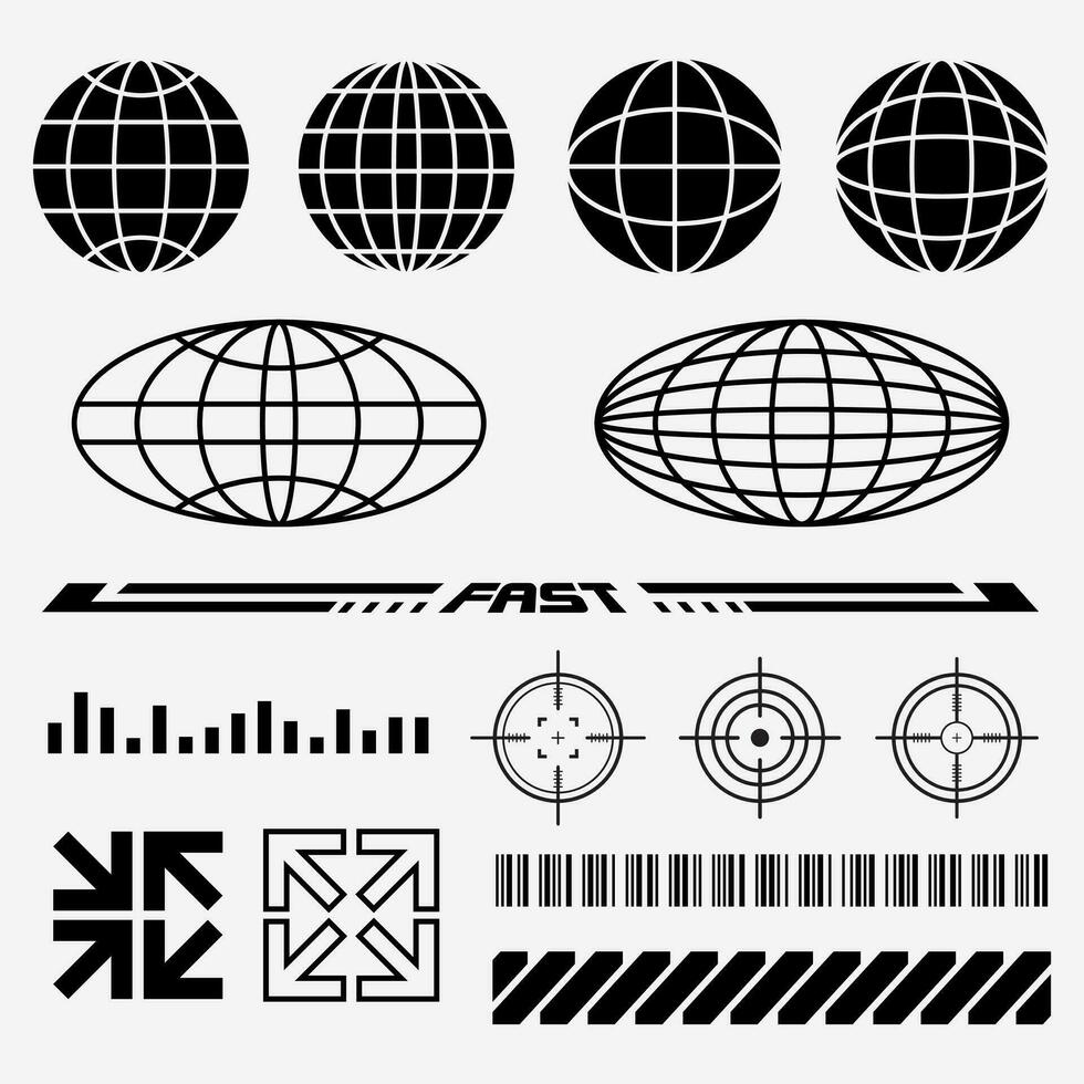 Retro-futuristisch Formen Sammlung Globen, Barcode, abstrakt gestalten zum Straße tragen und y2k Mode Design vektor