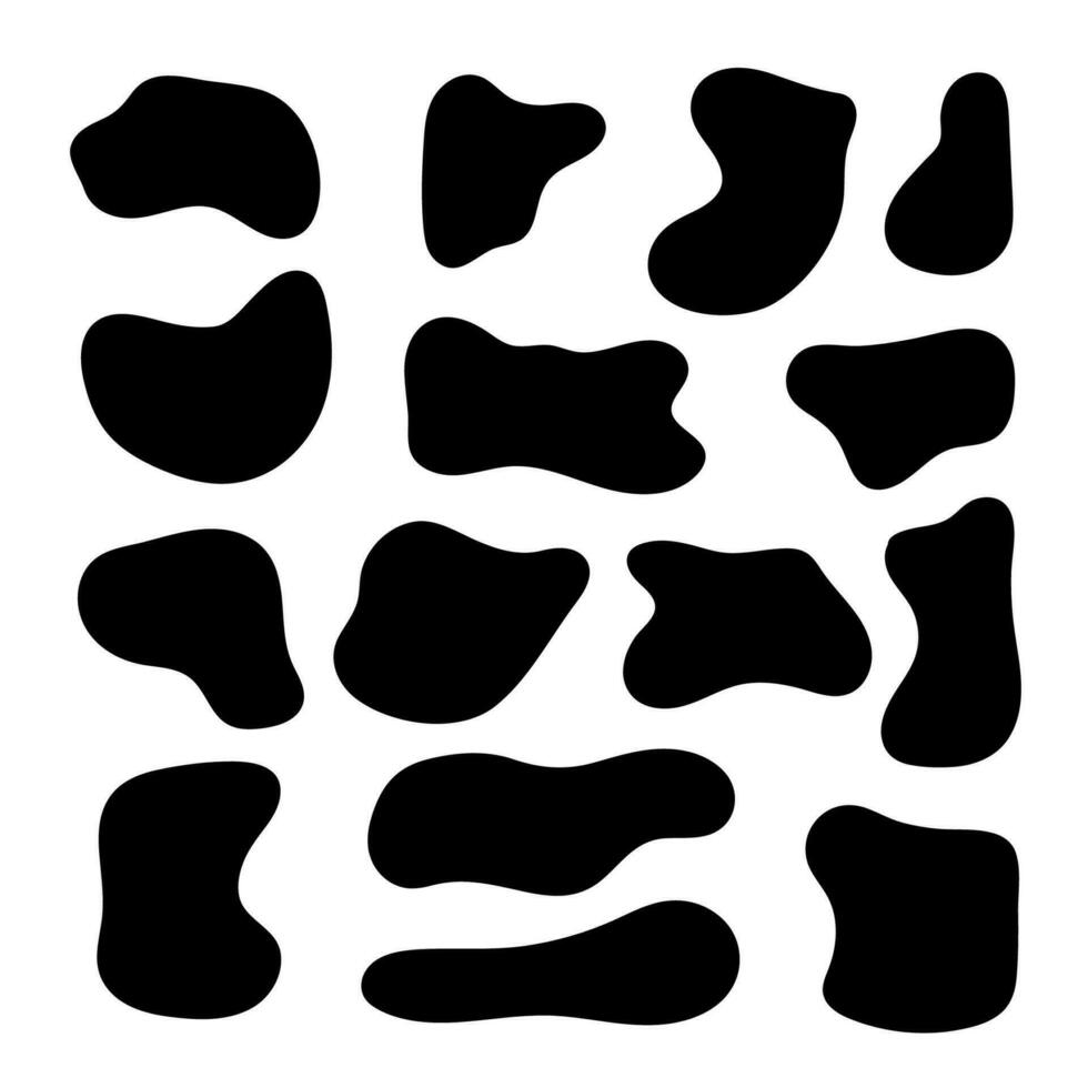 abstrakt flytande oregelbunden klick former uppsättning. modern organisk vätska fläck samling. svart asymmetrisk fläck silhuett form. aqua fläck vektor illustration