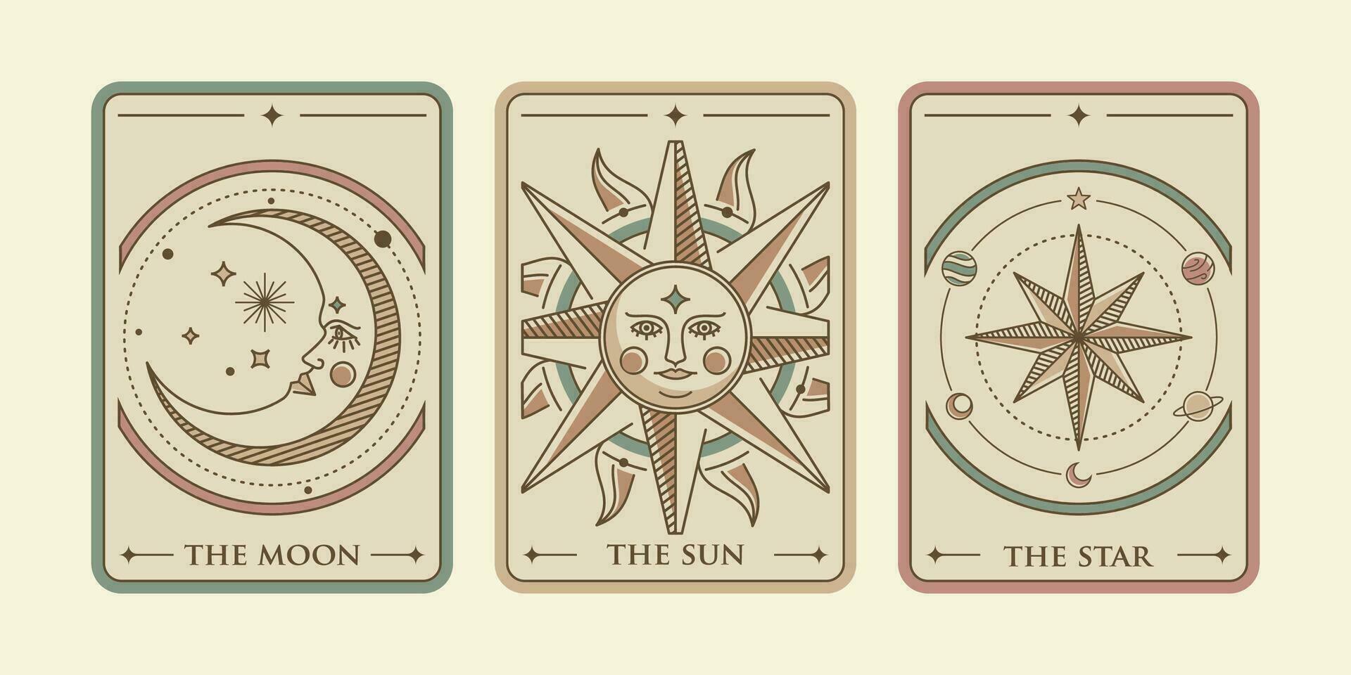 das Sonne, das Mond und das Star Tarot Karte Illustration Vektor. Jahrgang Mystiker Sonne, Mond und Star Tarot Karte im Zier Linie Kunst Stil. esoterisch Banner mit Astrologie Stil. vektor