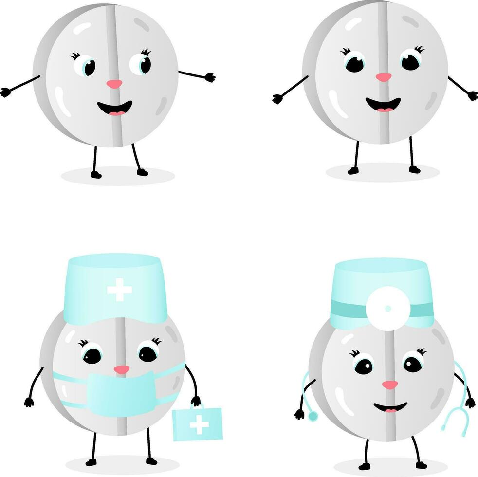 uppsättning av rolig piller i tecknad serie stil söt tecken för medicin maskot logotyp vektor illustration