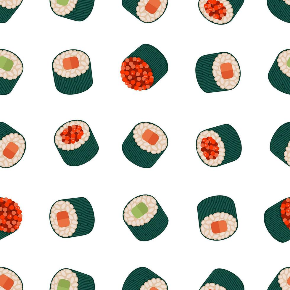 maki Sushi nahtlos Vektor Muster. japanisch rollen mit roh Lachs, Thunfisch, rot Kaviar, Gurke, Avocado und Reis eingewickelt im nori Seetang. frisch asiatisch Vorspeise, Fisch Delikatesse. eben Karikatur Hintergrund