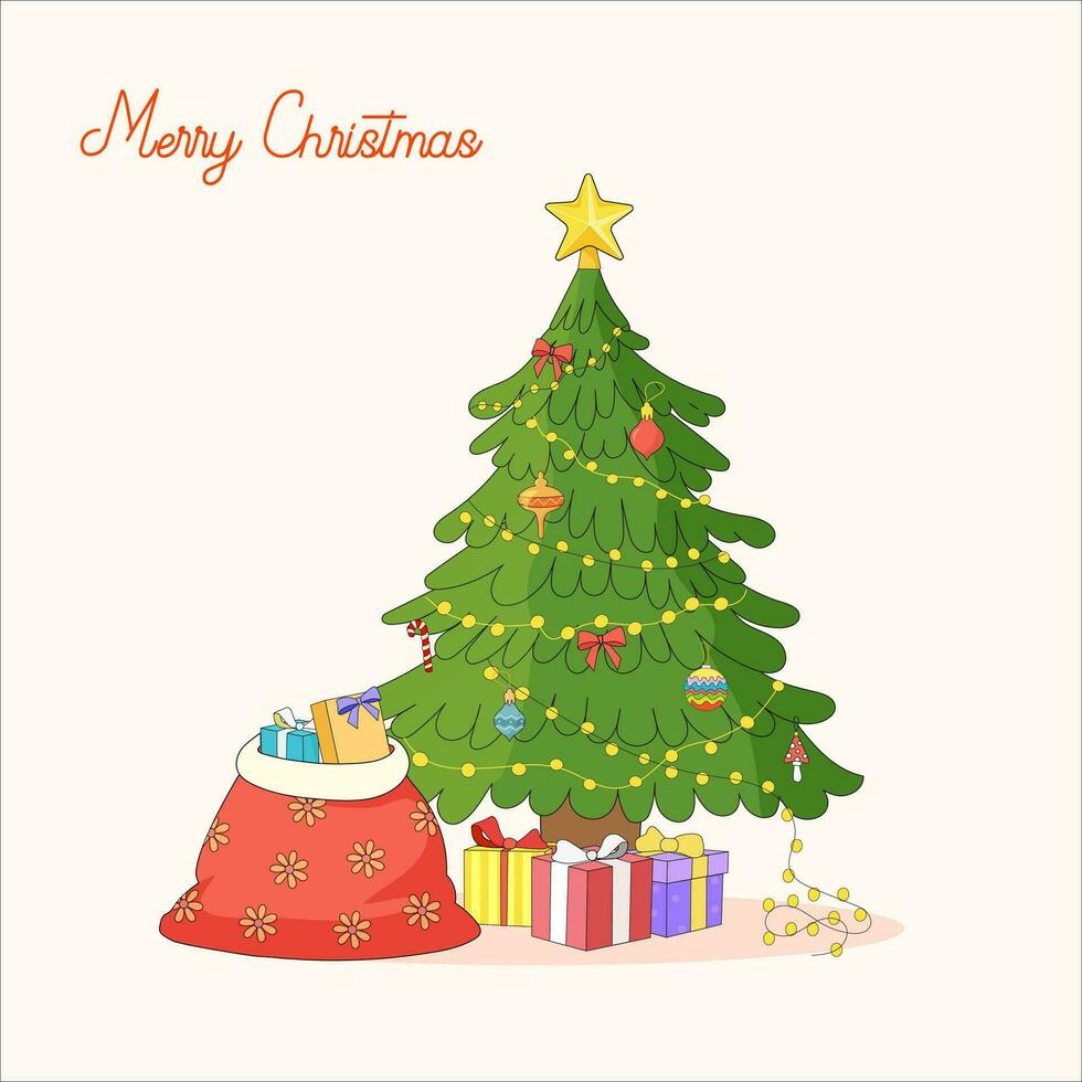 retro Karikatur dekoriert Tanne Baum mit Geschenke und die Geschenke. Jahrgang Gruß Karte mit Weihnachten Baum. vektor