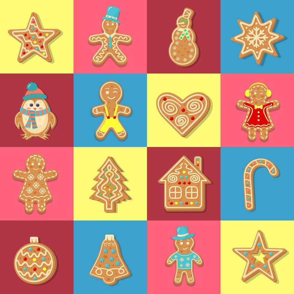 nahtlos Platz Muster mit Weihnachten Lebkuchen Kekse. geometrisch kariert drucken zum Verpackung Papier, Hintergrund, Hintergrund, Plakate. vektor