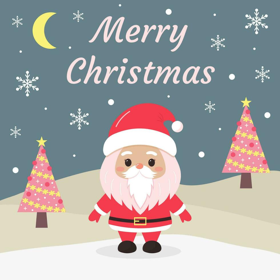 glad jul hälsning kort med söt santa claus, rosa jul träd och snöflingor. vinter- snöig landskap. Semester tecknad serie karaktär. vektor