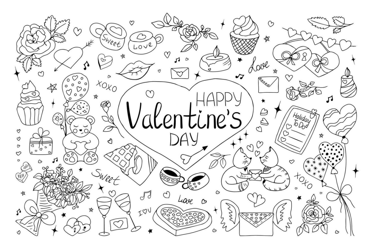 hand dragen valentines dag ClipArt uppsättning. klotter design element av kärlek symboler, söt tecken, text. svart element isolerat på vit bakgrund. vektor