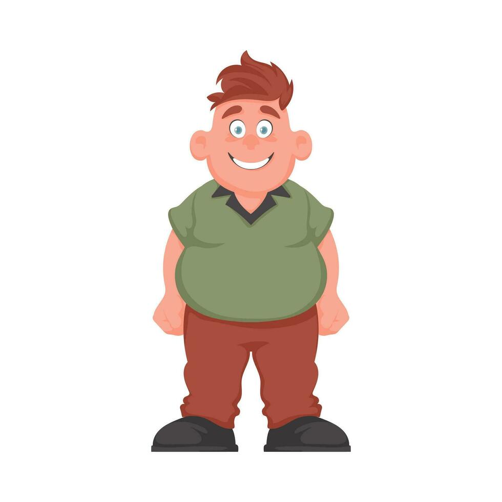 Fett Mann posieren und lächelnd. Übergewicht Kerl ist Niedlich, Körper Positivität Thema. Karikatur Stil vektor
