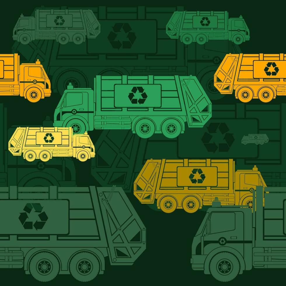 redigerbar platt svartvit sopor lastbilar vektor illustration i grön och gul Färg som sömlös mönster med mörk bakgrund för grön liv och miljö renlighet relaterad syften