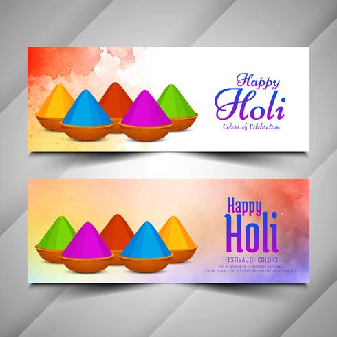 Abstrakt Happy Holi färgstarka banderoller uppsättning vektor
