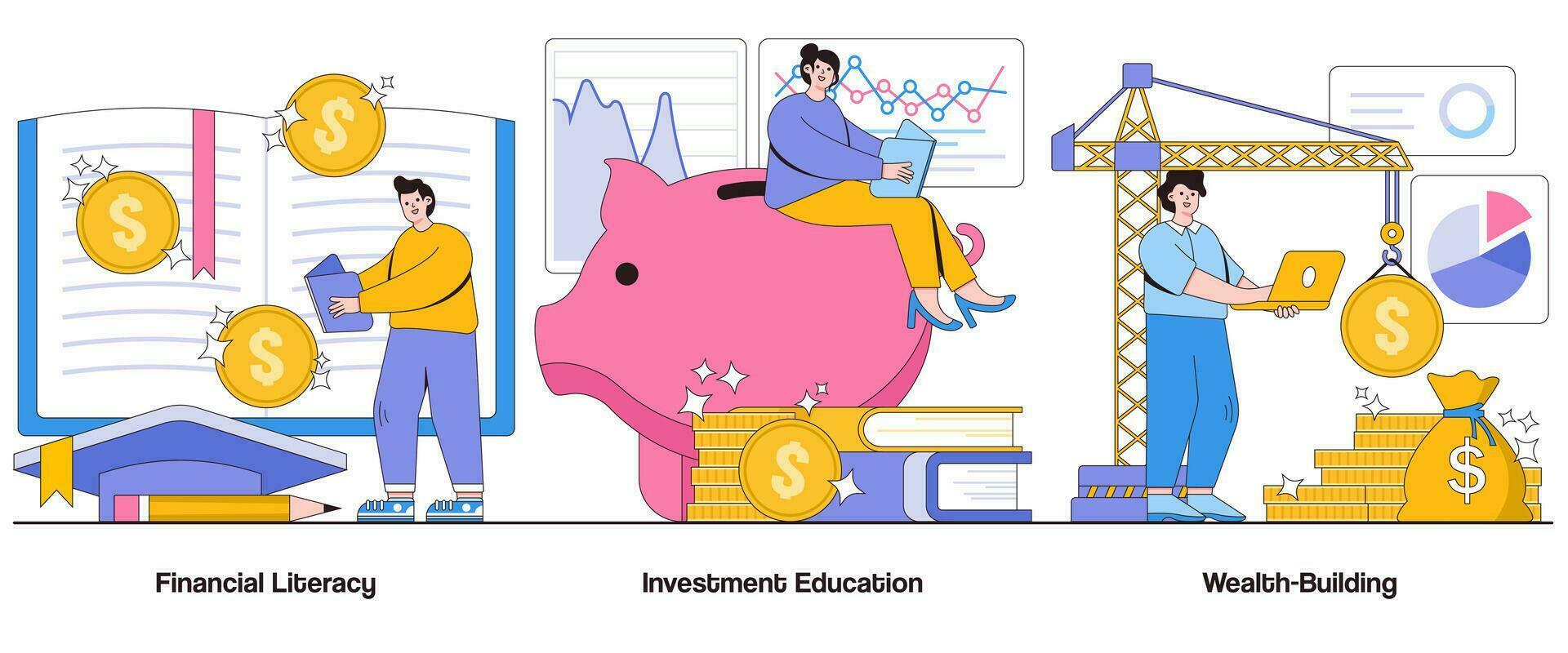 finansiell läskunnighet, investering utbildning, välståndsbyggande begrepp med karaktär. finansiell utbildning abstrakt vektor illustration uppsättning. finansiell kunskap, investering visdom, rikedom ackumulation