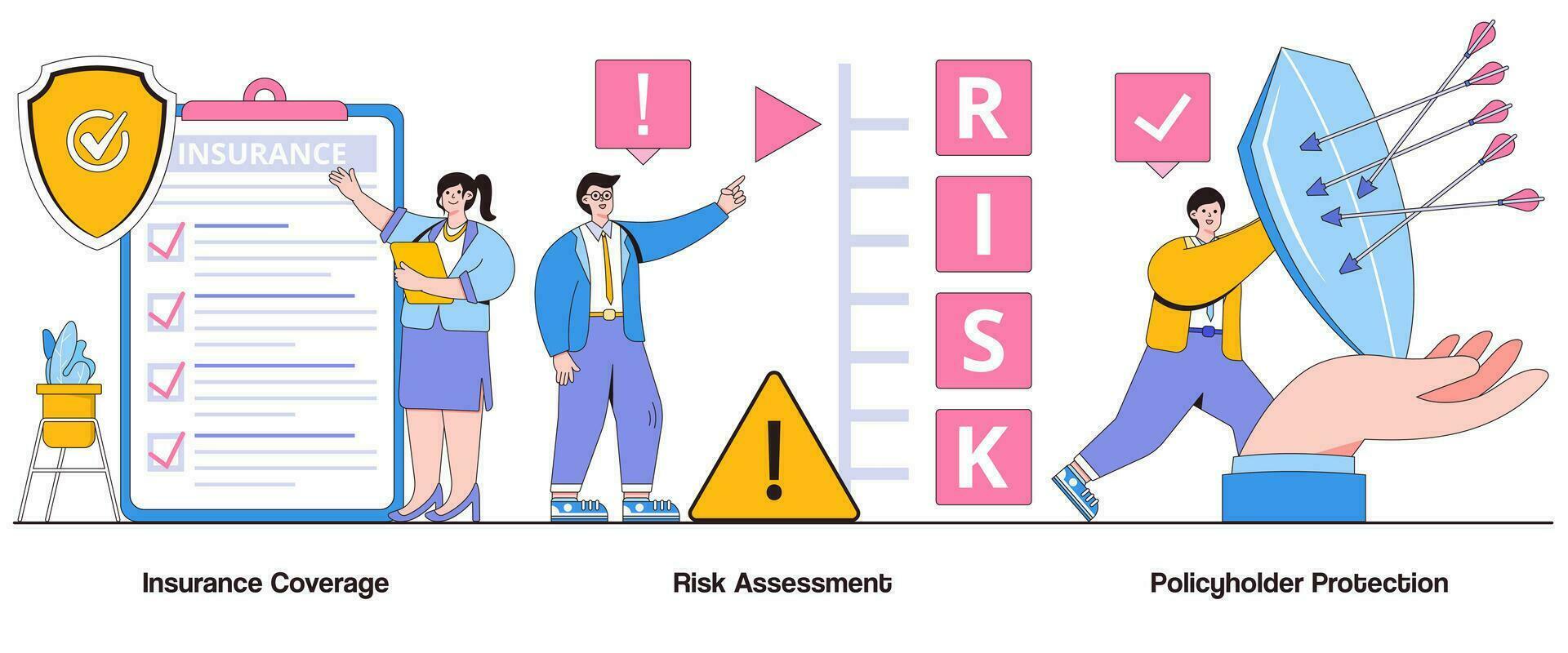 Versicherung Abdeckung, Risiko Bewertung, Versicherungsnehmer Schutz Konzept mit Charakter. Versicherung abstrakt Vektor Illustration Satz. Abdeckung Auswertung, Risiko Milderung, finanziell Sicherheit Metapher