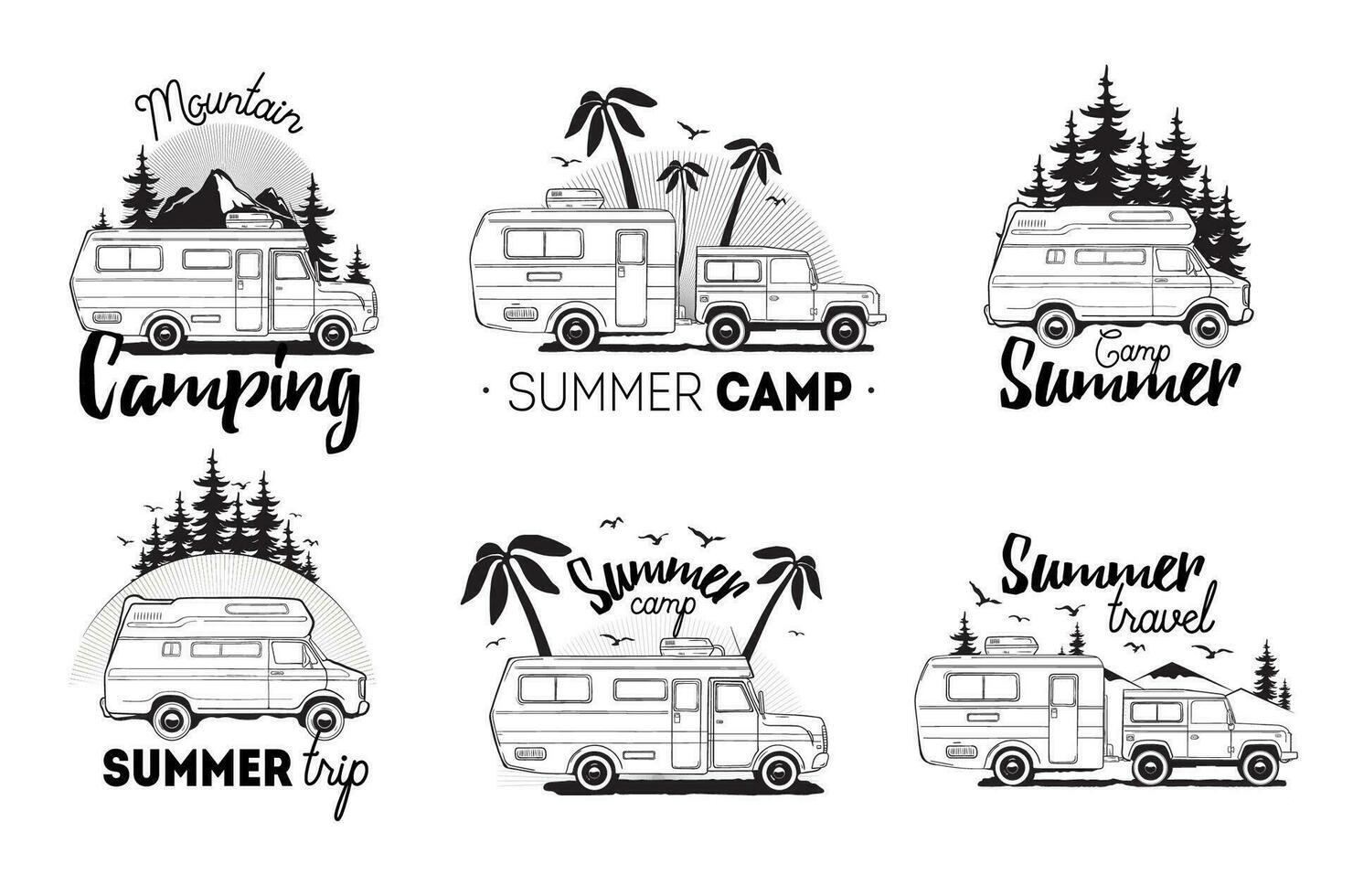 uppsättning av camping trailer logotyp. husbil vans mot landskap bakgrund med text fjäll, sommar läger, resa. svart och vit sammansättning samling. vektor