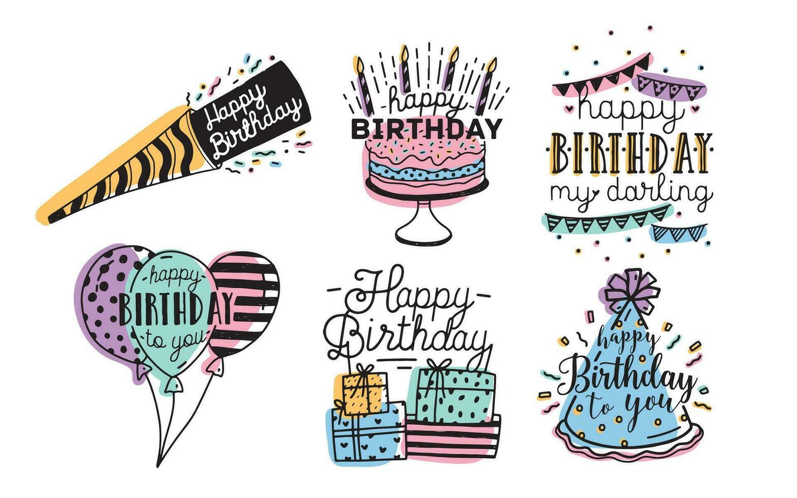 süß glücklich Geburtstag Schöne Grüße Inschriften Design Sammlung. bunt Hand gezeichnet Beschriftung Vektor Illustration einstellen auf Weiß Hintergrund.