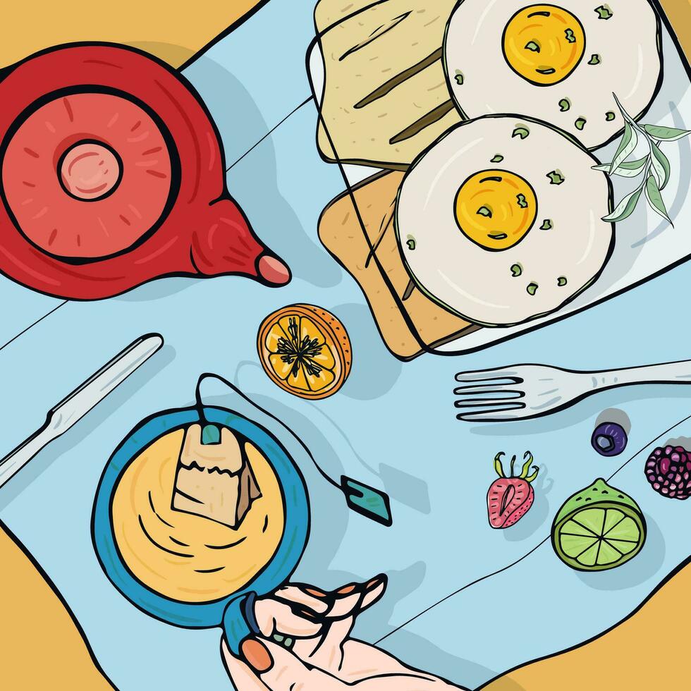 frukost topp se. fyrkant illustration med lunch. friska, färsk brunch- te, smörgåsar, ägg och frukter. färgrik hand dragen vektor illustration.