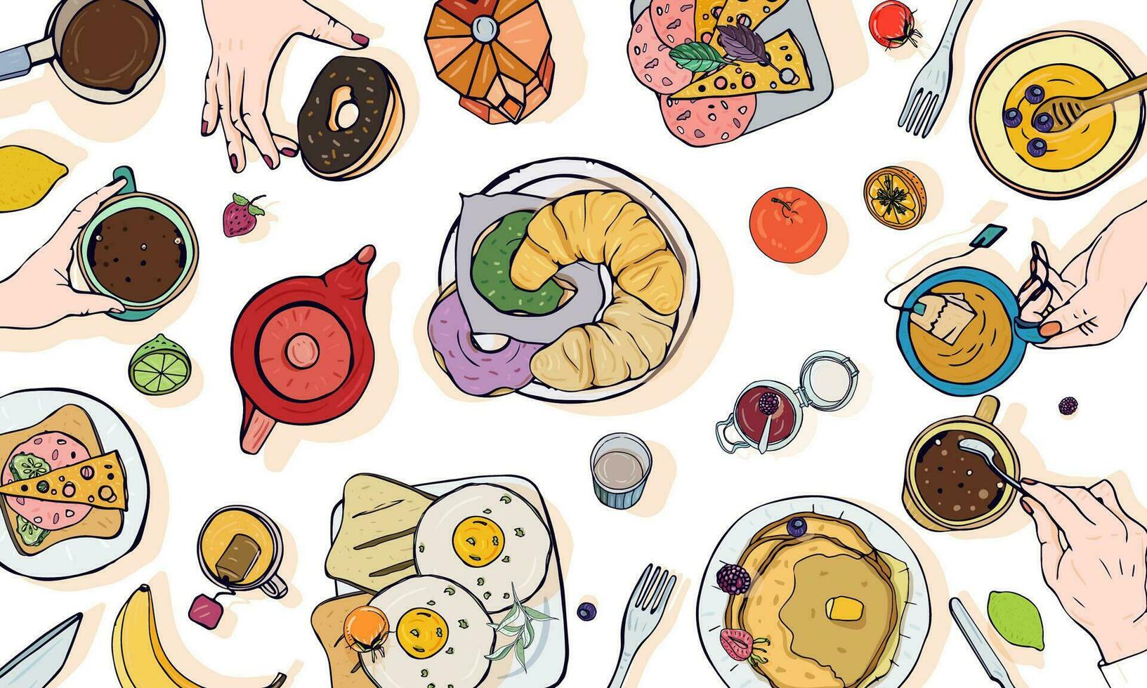 horisontell reklam illustration på frukost tema. färgrik vektor hand dragen tabell med dryck, pannkakor, smörgåsar, ägg, croissanter och frukter. topp se.