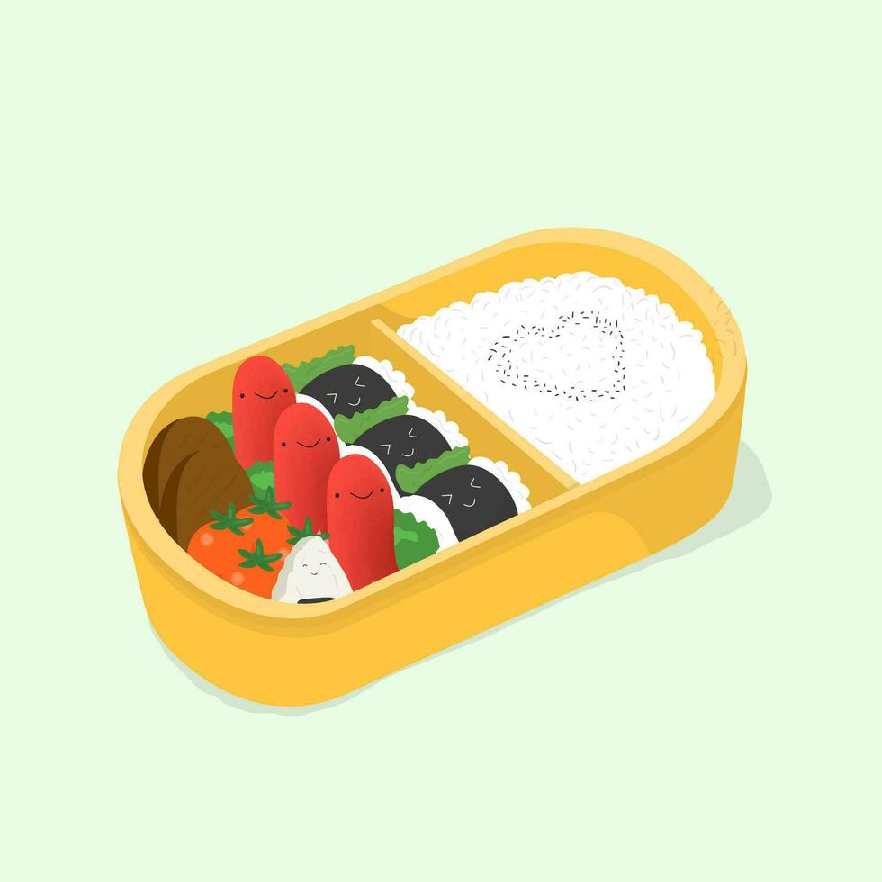 söt bento. japansk lunch låda. rolig tecknad serie mat. isometrisk färgrik vektor illustration.