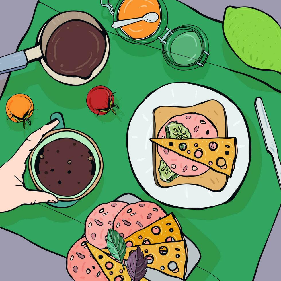 Frühstück oben Sicht. Platz mit Mittagessen. gesund, frisch Brunch- Kaffee, Kalk, Marmelade, Sandwich mit Wurst, Käse und Tomaten. bunt Hand gezeichnet Vektor Illustration.