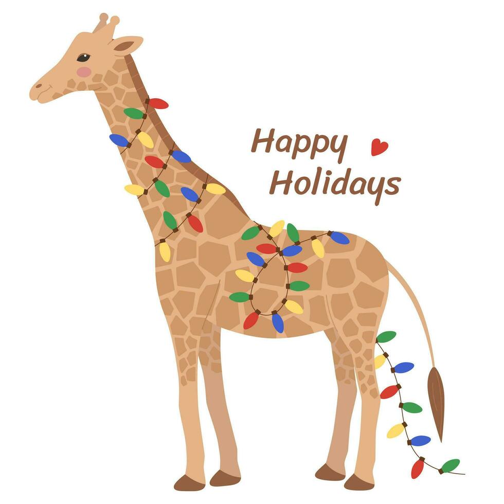 süß Giraffe mit Girlande um seine Hals und Körper isoliert auf ein Weiß Hintergrund. glücklich Feiertage, Neu Jahr, Weihnachten Design. Vektor Illustration zum Gruß Karte, Poster, Banner