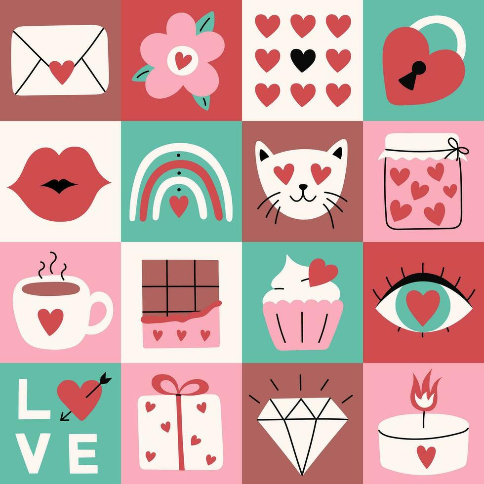 mosaik- sömlös mönster för hjärtans dag. geometrisk bakgrund med kärlek symboler. design för hälsning kort, omslag papper eller affisch vektor