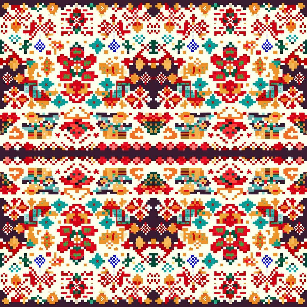 geometrisch ethnisch Muster, Kreuz Stich, Pixel Muster, Design zum Kleidung, Stoff, Hintergrund, Hintergrund, Verpackung, Batik, Strickwaren, Stickerei Stil, aztekisch geometrisch Kunst Ornament drucken vektor