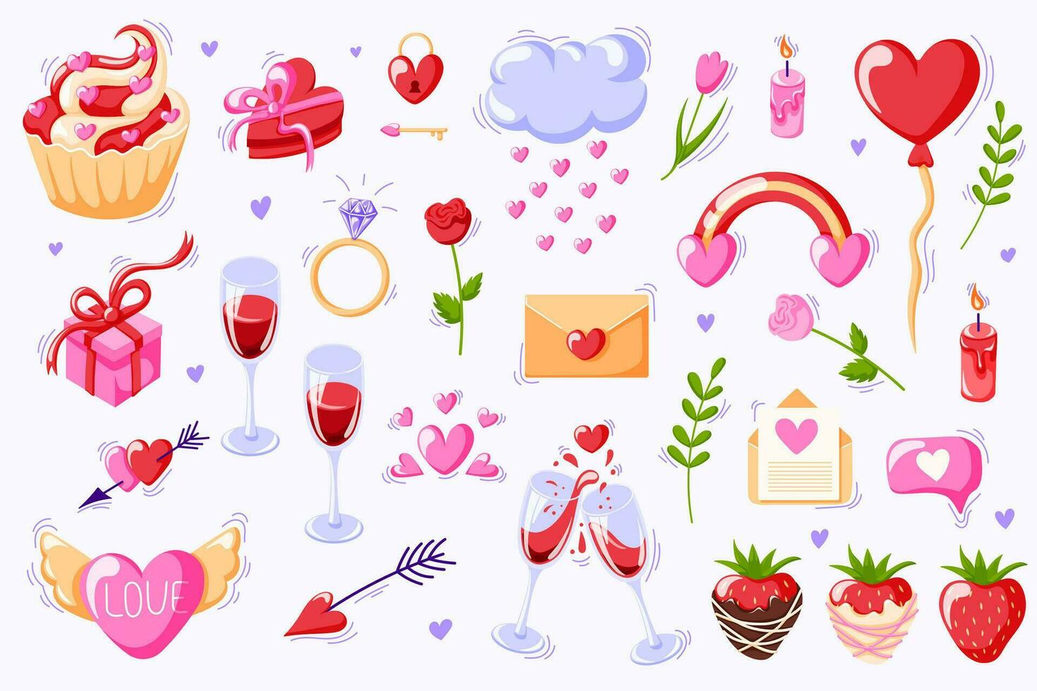 valentines dag samling av element och klistermärken i tecknad serie stil. hjärta form, jordgubb i choklad, diamant ringa, kuvert brev och blommor. valentines dag romantisk. vektor illustration.