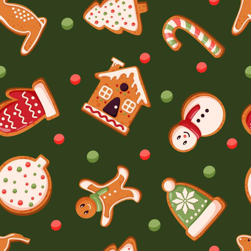 pepparkaka småkakor sömlös mönster i tecknad serie stil. vinter- bakad varor i form av hus, pepparkaka man, jul träd, ren, vante, snögubbe. vektor illustration.