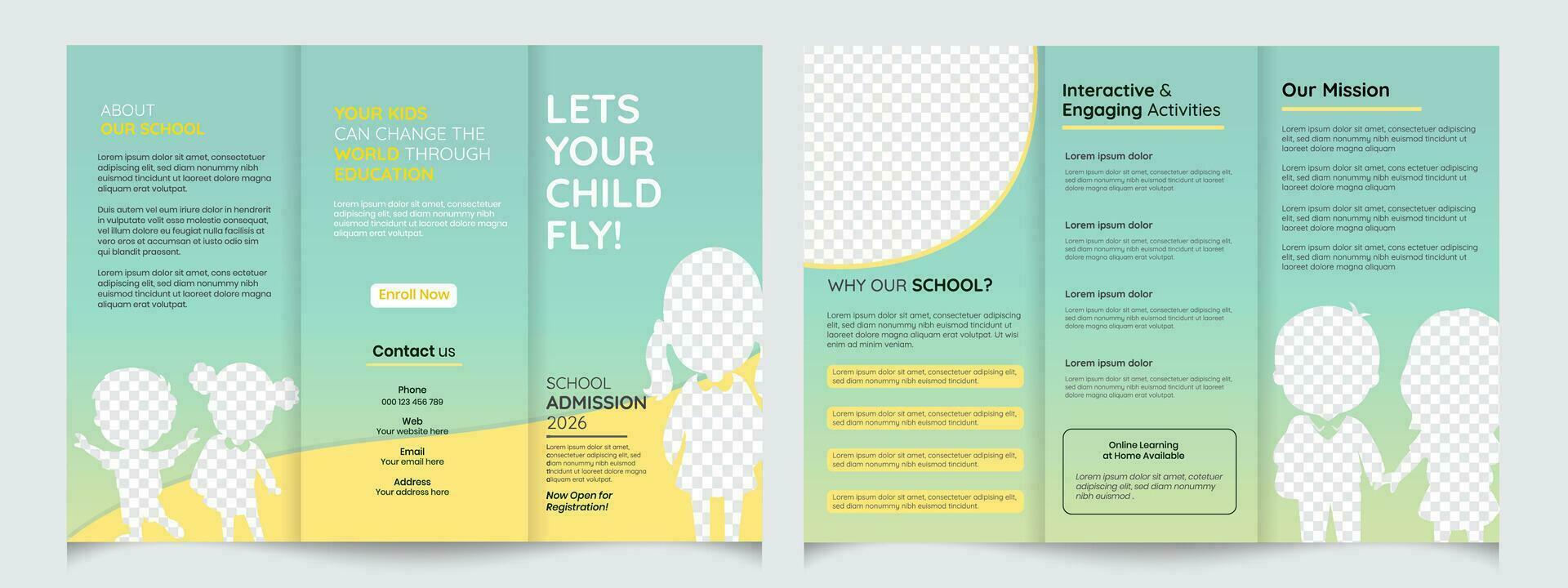 kreativ modern skola antagning trifold broschyr mall. skola utbildning flygblad layout befordran baner. vektor
